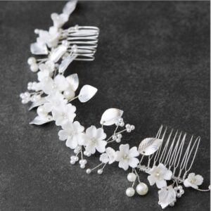 Handmade Bridal Hair Comb Vine – Light Ivory Resin Flowers & Matte Silver Leaves